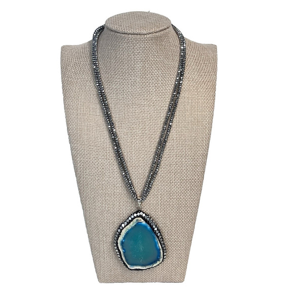 Unbranded Jewelry - Vintage Sterling Silver 925 Blue Aqua Agate Slice Pendant Necklace 16" (#23)